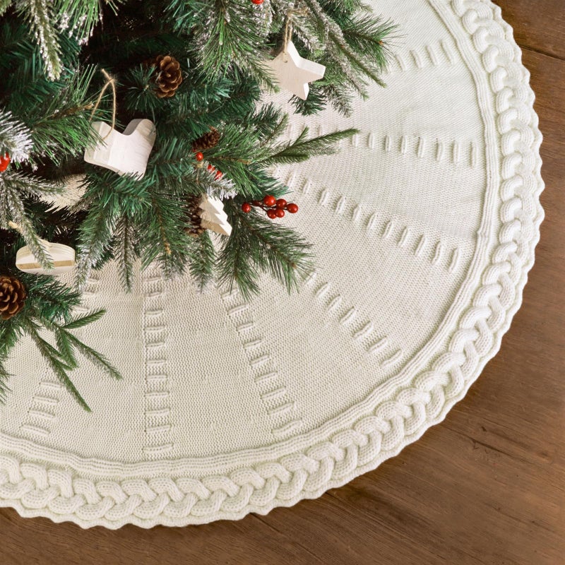 LimBridge 36 Inch Christmas Tree Skirt: Pencil Tree Skirt for 6FT Tree, Braided Cable Knit Cream White Small Tree Skirt, Vintage Tree Skirts, Rustic Farmhouse Christmas Decorations - Image 4